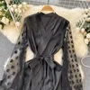 Casual Dresses Superaen 2024 Autumn Retro Style Nightgown Dress Women's Mesh Tassel Tie Design Black