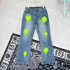 2023 Mens Jeans Designer Make Old Washed Jeans Chrome Straight Trousers Heart Letter Tryck för kvinnor Män avslappnad lång stil