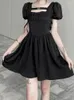 Party Dresses French Summer Harajuku Style Streetwear Babes A-Line Vintage Square Collar Buckle Puff Sleeve Black Mini