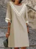 Dress 2023 New Cross border Women's Spring/Summer Round Neck Medium Sleeve Loose Solid Color Dress