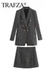 TRAFZA femmes Vintage laine à manches longues manteau Tweed motif Tweed jupe costume Blazer femme rabat poches vêtements d'extérieur Chic costumes 240220