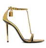 2024 Famous Summer Padlock Heels Sandals Shoes Women T-Strap Curb-chain Gold Metal Gold Black Pink Stiletto High Heel Party Wedding Lady Sexy Gladiator Sandalias Shoe
