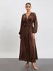 Casual Dresses Women's Fall Velvet Dress Long Sleeve Deep V Neck Solid Color A-Line Vintage Flowy