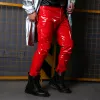 Pants Men Red PU Leather Pants Punk Singer Dancer Stage Costume Leather Trousers Fashion Slim Fit Motorcycle Leather Pants Spring