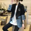 Blazers Lente Dames Denim Gesplitste Blazers Jas Badges Jeans Jasje Contrastkleur Blauw Zwart OL Turn Down Kraag Vest Tops