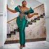 Aso Emerald Green Ebi Prom Mermaid Long Sleeves Lace Rehinestones Evening Dresses African Arabic Pageant Gowns Birthday Party Gown for Black Women