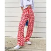 Capris Missnight Pink Pants Heart Printed Straight Elastic High midjebyxor Drawstring Fashion Pants Streetwear Vintage 2023 Harajuku