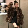 Cappotto in finta pelliccia da donna, parka sfocati larghi e oversize, collo alto leopardato vintage, giacca con cerniera, streetwear casual, inverno