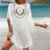 Vestido de praia cobrir para mulheres de malha girassol beach wear sólida franja túnica senhoras branco maiô coverups bikini camisa vestido