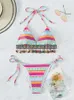 Kvinnors badkläder Etnisk stil tryck Bikini Set 2024 Kvinnors halter Push Up Tassel Micro Swimsuit Sexig Cut Out Beach Bathing Suit Thong