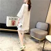 Dress #0612 Black White T Shirt Dress Women Short Sleeves Spliced Mesh Double Layer Loose Mini Dresses Ladies Sequined Summer 2023