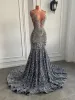 Sexy Sier Long Sparkly Sequined Mermaid Prom Dresses Sheer O-Neck Beaded Crystals Diamond Black Girl Evening Party Gowns 0304