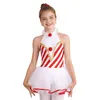 Bühnenkleidung Kinder Candy Cane Gestreiftes Gymnastiktrikot Teenager Mädchen Ärmelloses Mesh-Tutu Ballett Eiskunstlaufkleid Performance Tanzkostüm