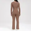 Active Sets 2024 Nude Long Sleeve Yoga Set Women One Piece Jumpsuit Gym Workout Flare Legging Fitness Pant Bodysuit Sports Athletic Suit