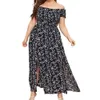 Elastic Chest Wrapped Boho Women Dress Plus Size Short Sleeve High Waist Split Flowy Hem Off Shoulder Floral Print Maxi Dress 240229