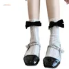 Women Socks Japanese Hollowed Out Sheer Mesh Lace Ankle Elegant Bowknot See Through Loose Middle Tube