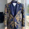 Ternos florais jacquard smoking ternos para homens casamento fino ajuste azul marinho e ouro cavalheiro jaqueta com colete calça 3 peça traje masculino