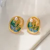 French Spring Fashion Natural Pearl Earrings Women Retro Middle Ages Enamel Oil Painting Earrings Personalized Earrings Designer Jewelry E2024