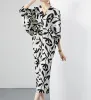 Dress Fashion Summer Black White Flower Printed Bodycon Dress Miyake Style Women V Neck Batwing Sleeve High Waist Long Pleated Dresses