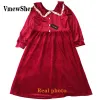 Robe VmewSher nouveau Vintage velours côtelé rouge printemps femmes robe col claudine à manches longues cheville longueur longue à volants robes de soirée élégantes