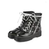 Bottes YMECHIC 2024 Mode Hiver Lettre Riband Lacet Plate-forme Plaid Tissu Punk Rouge Combat Cheville Pour Femmes Chaussures Noir