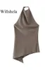 Willshela Women Fashion Two Piece Set Brown Pleated Halter Neck Tops & Straight Vintage Female Chic Lady Pants Suit