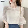 BLOUSE SUMMER HOLLOW OUT LACE BLOUSES Women 2023 Elegant Fashion Flare Sleeve Casual Blusas Mujer Korean See Through Sexy Black Tops