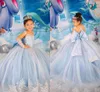 Princess Blue Flower Girl Dresses With Big Bow Sash A Line Crew Neck Sheer Long Sleeves Appliques Sequins Long Toddler Teens Pageant Party Gowns BC18318