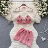 Work Dresses Strawberry Sweet Beach Two Pieces Sets Halter Backless Camis Short Skirts Fashion Hook Flower Hollow Out Suits