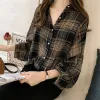 Camisa batwing manga chiffon blusas chiques camisas xadrez feminino outono casual chemise femme topos tartan 2022