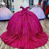 Fuchsia różowy brokat krystalicznie cekinowe sukienki quinceanera suknia balowa z ramion feading tull corset vestidos 15 de xv anos
