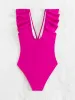 Badmode Sexy Ruches Badmode Vrouwen Effen Heet Roze V-hals Controle Buik Monokini 2024 Zomer Badpak Ruglooze Eendelig Badpak