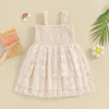 Flickaklänningar Kmbangi Toddler Baby Girls Summer Dress Sleeveless Suspender Floral Print Ruched Byst Layered Tulle Princess