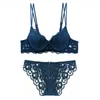 Set di reggiseni Ricamo Set di biancheria intima sexy Set di pizzo blu Reggiseno A B C Coppa di cotone spesso Reggiseno push up e mutandine di marca Lingerie V profonda