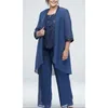 Ensembles assortis grande taille 2023 bleu 3 pièces ensemble de tenue pour mariage mère de la robe de mariée 34 manches en mousseline de soie dentelle femmes pantalon 240220