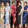 Dress Navy BlueChinese Traditional Dress Women's Silk Satin Cheongsam Qipao Summer Short Sleeve Long Dress Flower S M L XL XXL 3XL 4XL