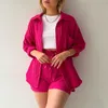 Women's two-piece crepe lapel long-sleeved shirt high-waisted drawstring shorts plus size fashion casual suit