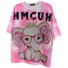 T-shirt Hot Diamond Cartoon Pink Elephant Tshirt Women 2023 Summer New Fashion Brand Tiedyed Light Luxury Shortsleeved Top Female