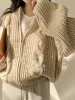 Cardigans Korean tjock Cardigan String Twist Woman Top -dragkedja Short Oneck Solid Sweater 2023 Höst Kvinnlig Loose Sticked Coat