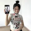 TシャツY2Kセクシーなガーゼ猫印刷されたTシャツゴット美学ヴィンテージブラックレースメッシュクロップトップス夏の女性ティーストリートウェアを通して