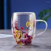 Wine Glasses Real Flower Double-layer Glass Cup With Handle Heat-resistant Mug Tea Coffee Espresso Milk Creative Gift Double Wall