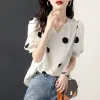 Blusa feminina verão moda elegante decote em v polka dot print camisa de manga curta casual doce bonito chique blusa topos roupas femininas 2022