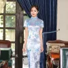 Dress Navy BlueChinese Traditional Dress Women's Silk Satin Cheongsam Qipao Summer Short Sleeve Long Dress Flower S M L XL XXL 3XL 4XL