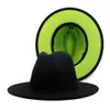 Sombreros Fedora de Jazz de retales con fondo verde lima y negro con banda de fieltro negra, sombrero de Panamá de fieltro de lana de ala ancha para hombre y mujer 212J