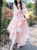 Dress Vintage Floral Sweet Midi Dress Women Party Elegant Dress Casual Irregular Puff Sleeve Fairy Dress Korean Fahsion 2023 Summer