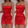 Casual Dresses 2024 Spring Summer Lady Satin Spaghetti Strap Mini Red Sleeveless Oregelbundet veckad mager sexig festklubb Vestidos