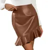 Skirts Hip-hugging Skirt High Waist Faux Leather Mini With Ruffle Trim For Women Solid Color Slim Fit Short Streetwear