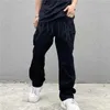 Mens Jeans Luxury Designer denim broderi Black Fashion Streetwear Low Rise Baggy Straight Hip Hop Trousers