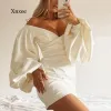 Klänning 2021 Autumn Winter Women White Black Satin Corset Dress Puff Sleeve Sexig stropplös Bodycon Elegant Party Mini Dresses