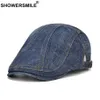 Showersmile denim platt mössa för män kvinnor basker hatt avslappnad irländsk mössa blå brittisk retro manlig kvinnlig justerbar murgröna cabbie cap lj201273p